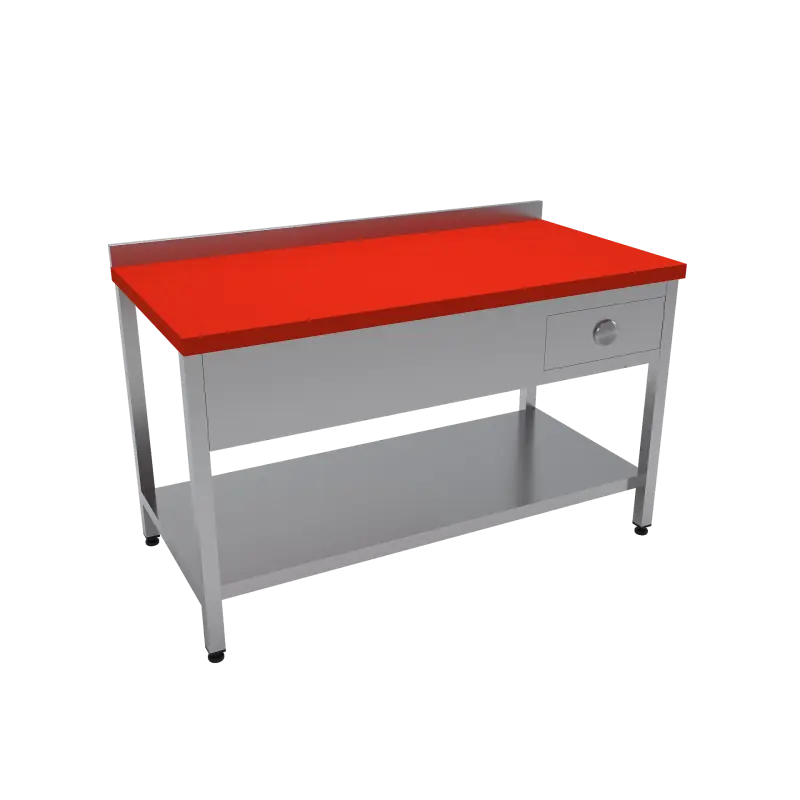 Çalışma Tezgahı Polietilen Tablalı Taban Raflı Tek Çekmeceli 160x70x85 CM Kırmızı