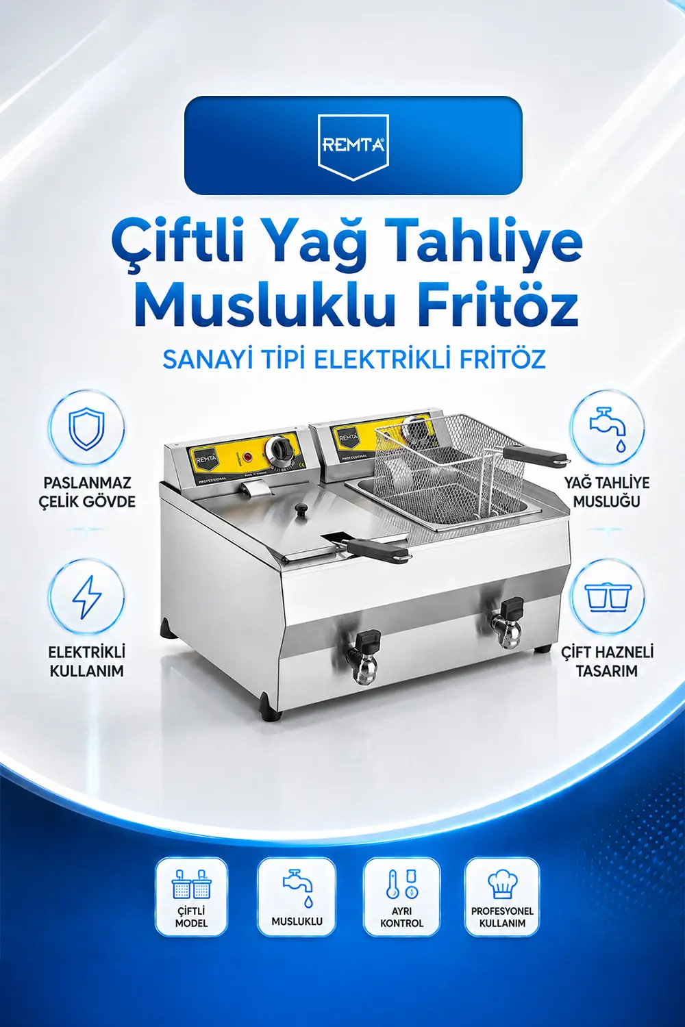 8+8 lt Yağ Tahliye Musluklu Elektrikli Fritöz
