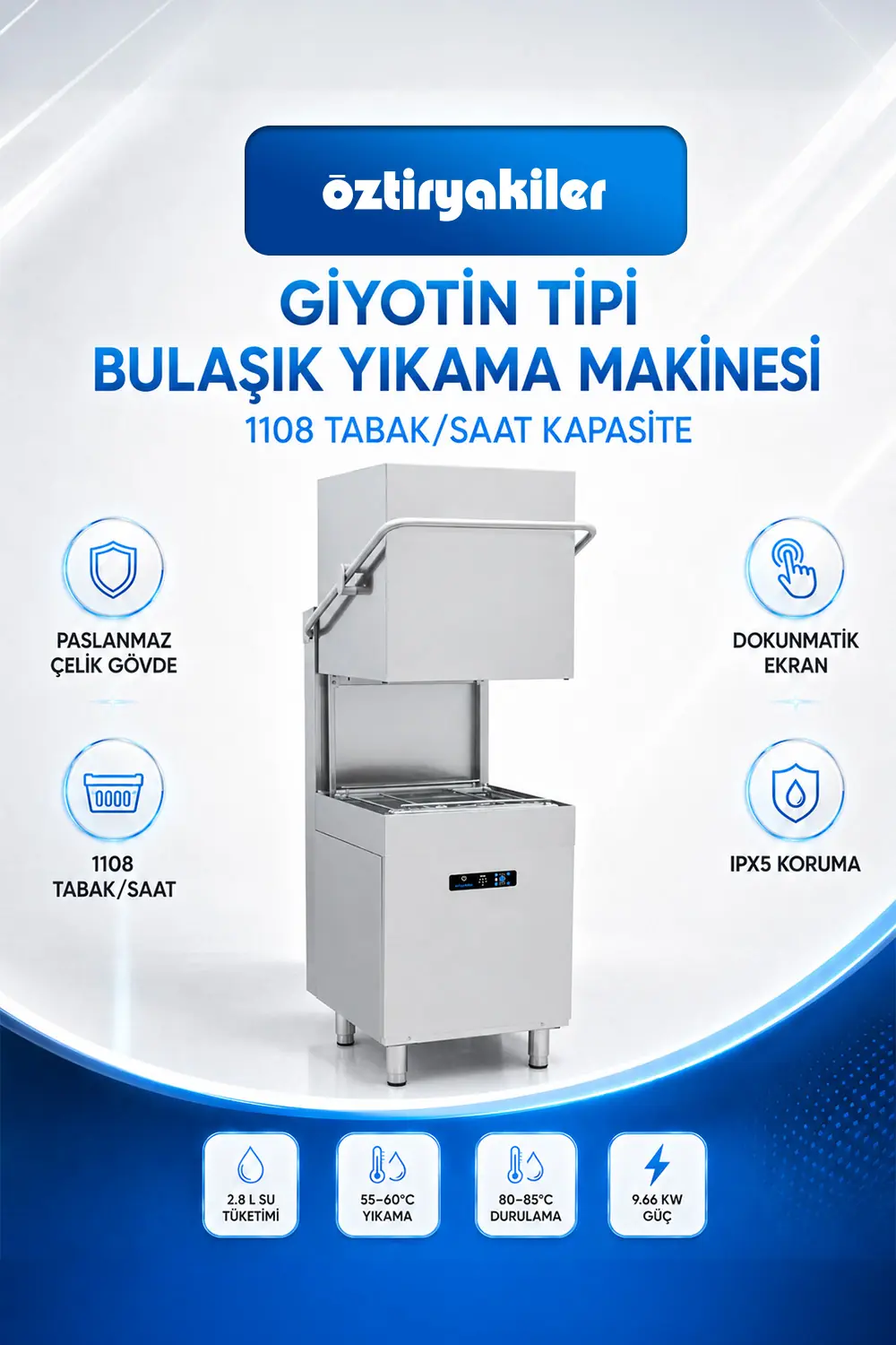 Öztiryakiler OBM 1080T Touch Ekran Yarım Kazan Giyotin Tip Bulaşık Yıkama Makinesi